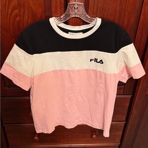 Fila Tee Shirt Short Sleeve Crew Neck Black White Pink Colorblock Cotton Top L